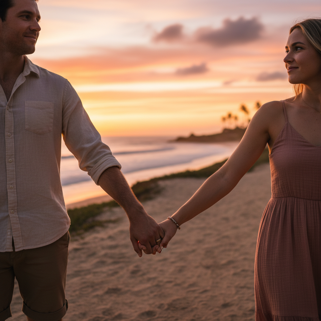 Romantisch koppel bij zonsondergang op Santorini