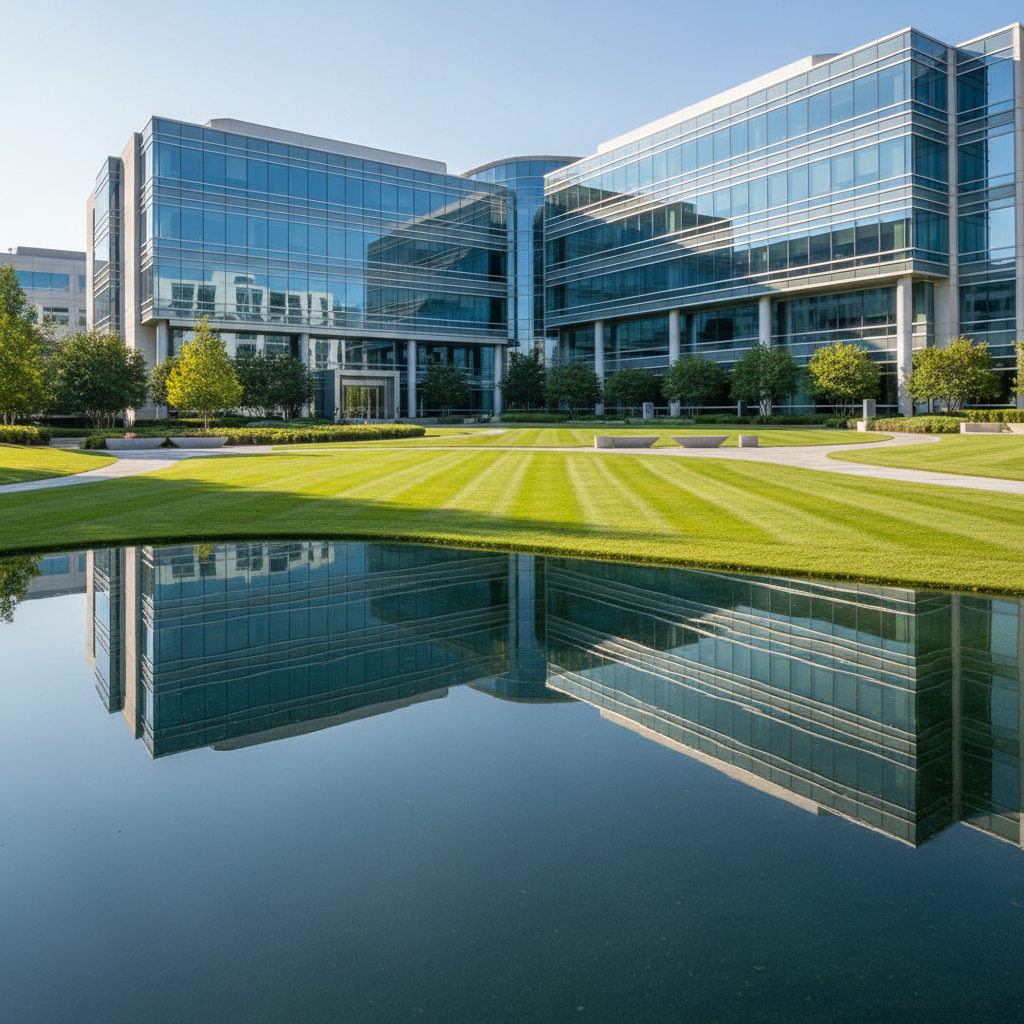 Immaculate corporate campus lawn in Gurgaon with modern glass office building reflected in perfectly maintained green turf