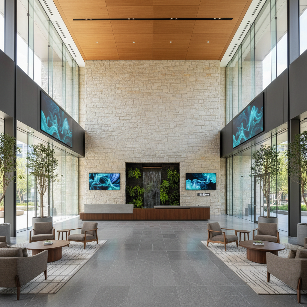 Building lobby with polished travertine floors, high ceilings, and natural light from a skylight