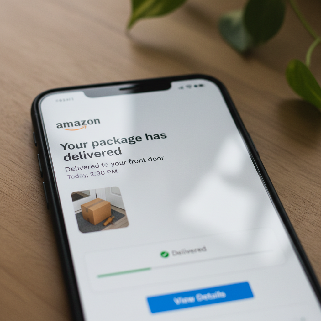 Person using smartphone to track an order, with package delivery notification on screen in a modern home setting