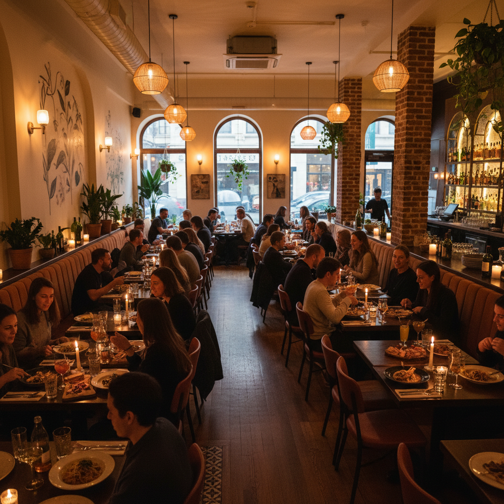 Vibrant restaurant interior with warm lighting and full tables