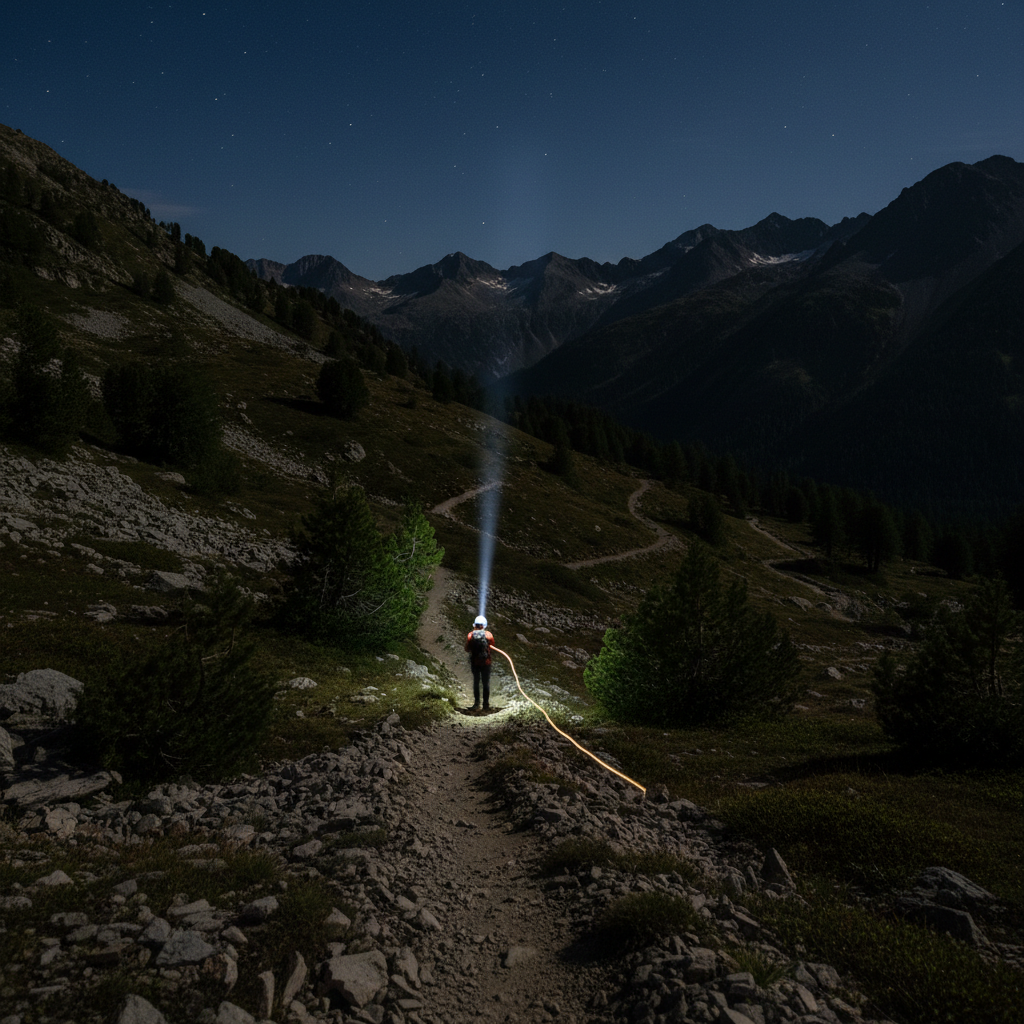 Single headlamp bobbing through dark alpine switchback trail at night