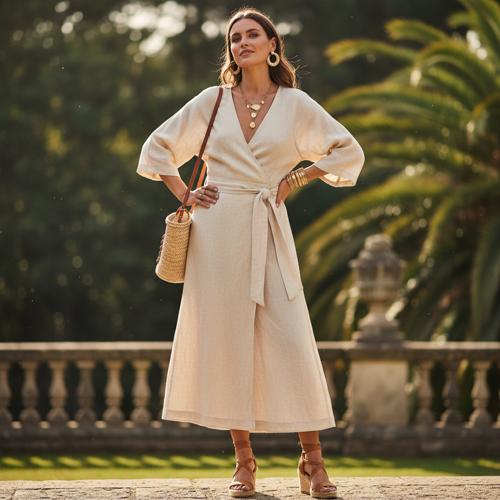 Linen wrap dress styled outfit, full length editorial shot, natural outdoor environment