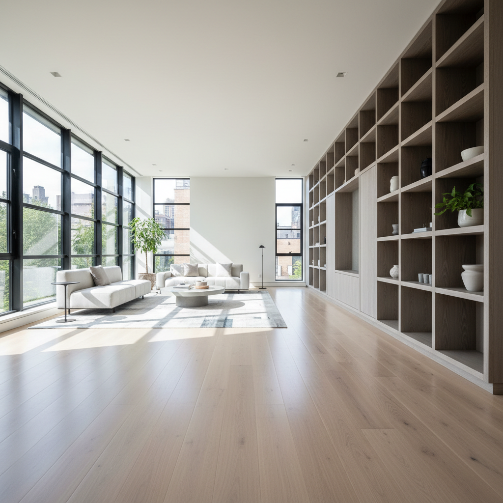 Modern residential home with clean geometric lines, bright airy interior, white walls, natural wood accents, large windows flooding space with daylight