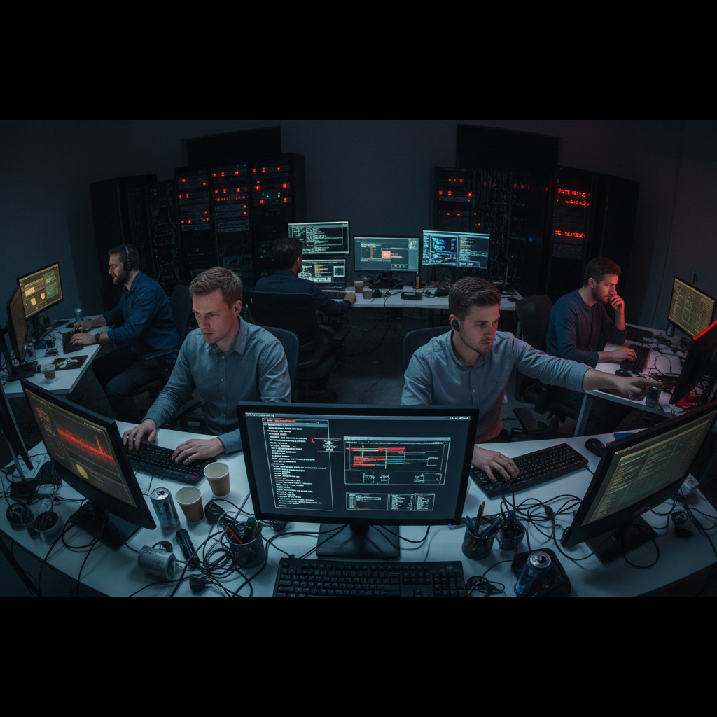 Incident response team working urgently at computers with security alerts and incident timelines displayed on screens