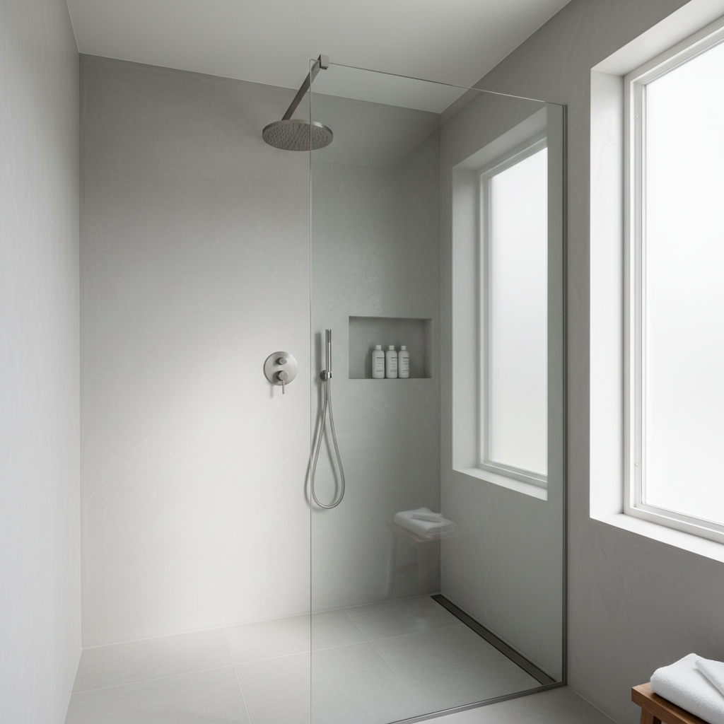 Renovated hotel shower with microcement walls and frameless glass