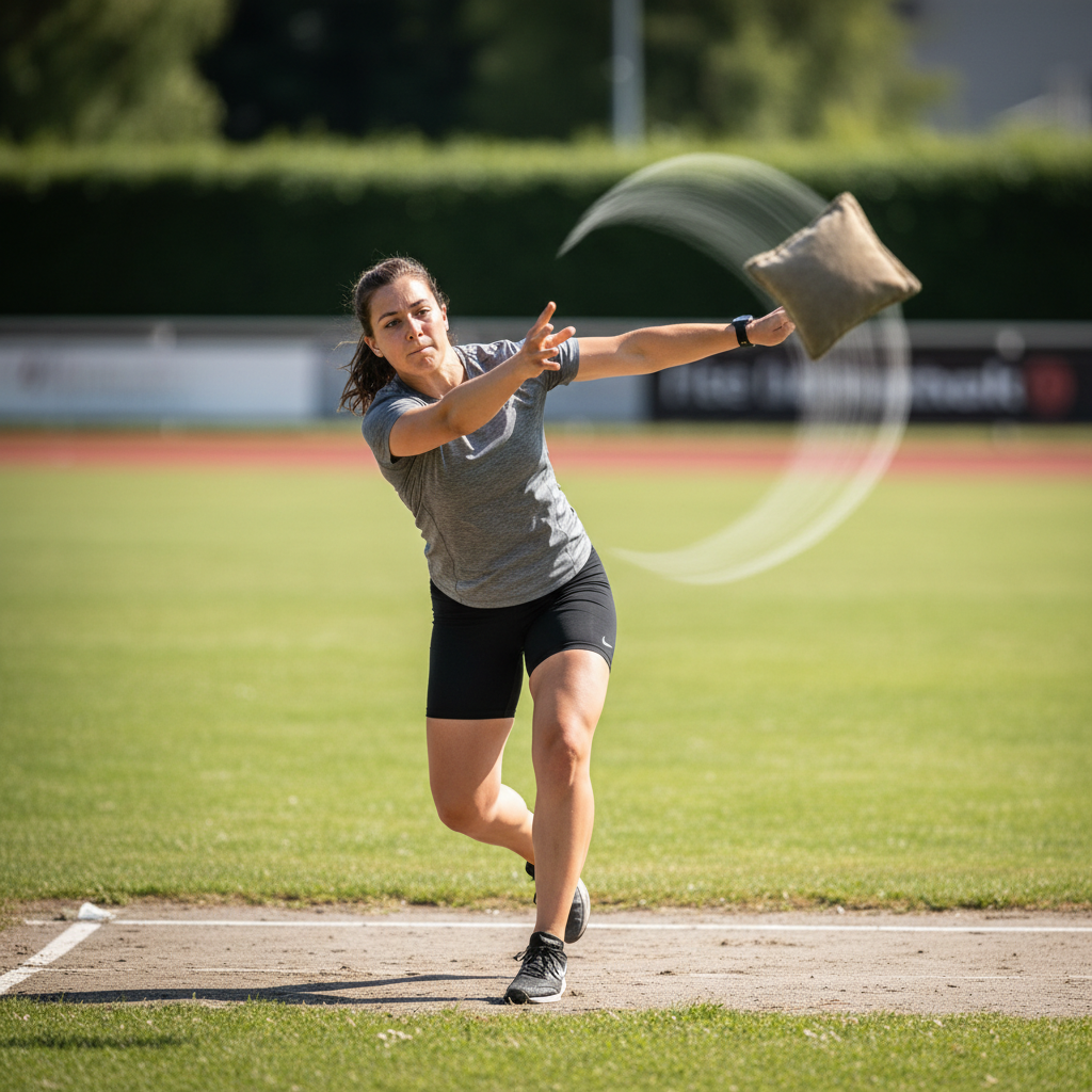 Athlete throwing a beanbag with perfect form, motion blur showing the arc trajectory