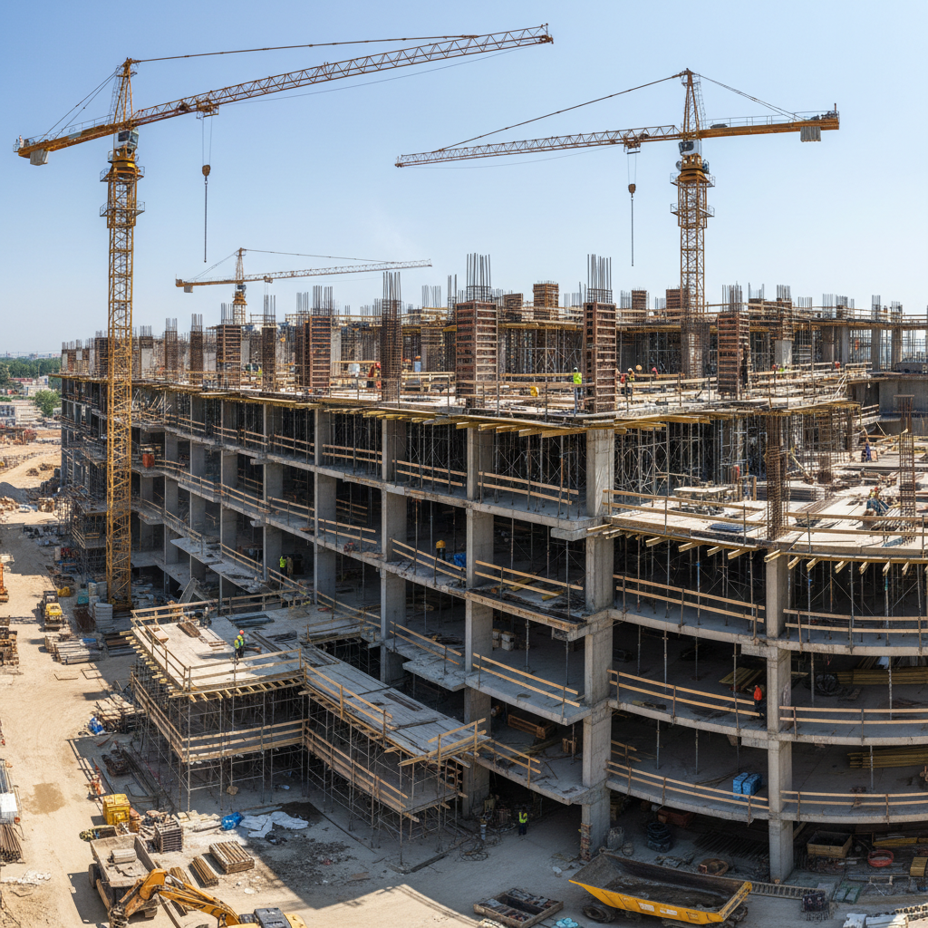Aerial view of large construction site with multiple tower cranes, concrete foundation work, overcast sky, industrial scale, dark steel and concrete