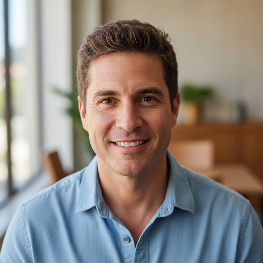 Tomás R., a Hispanic male video producer, casual professional headshot