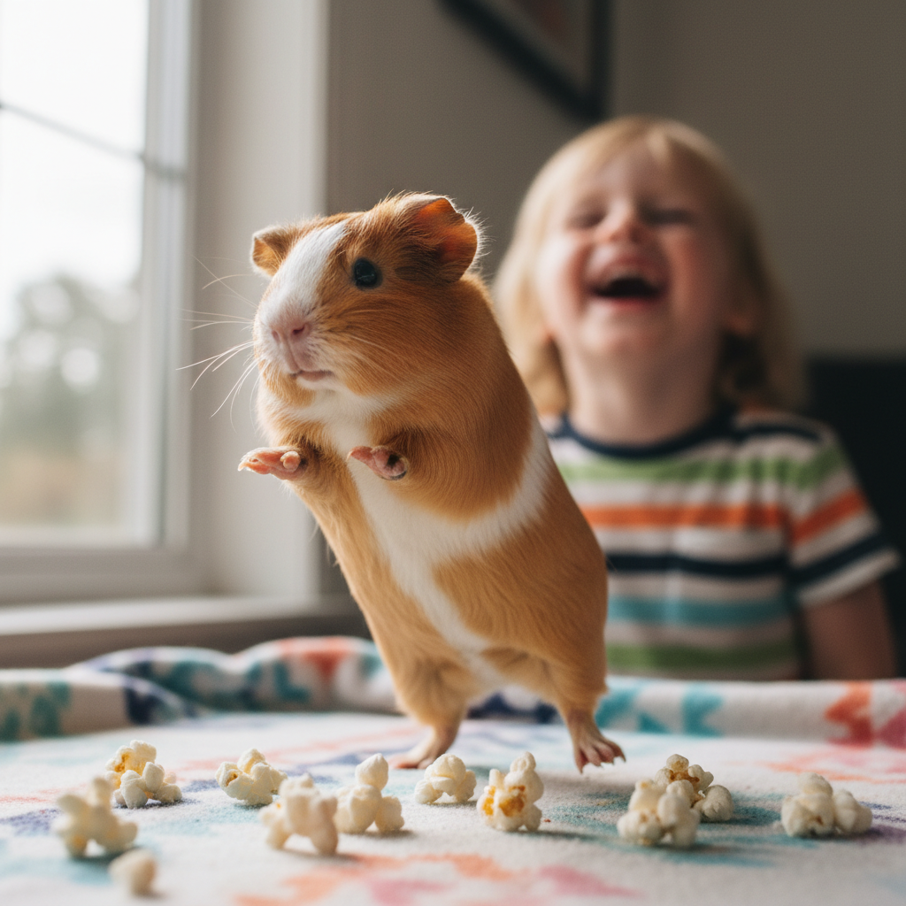 Guinea pig mid-popcorn jump, captured at peak air with child laughing in background