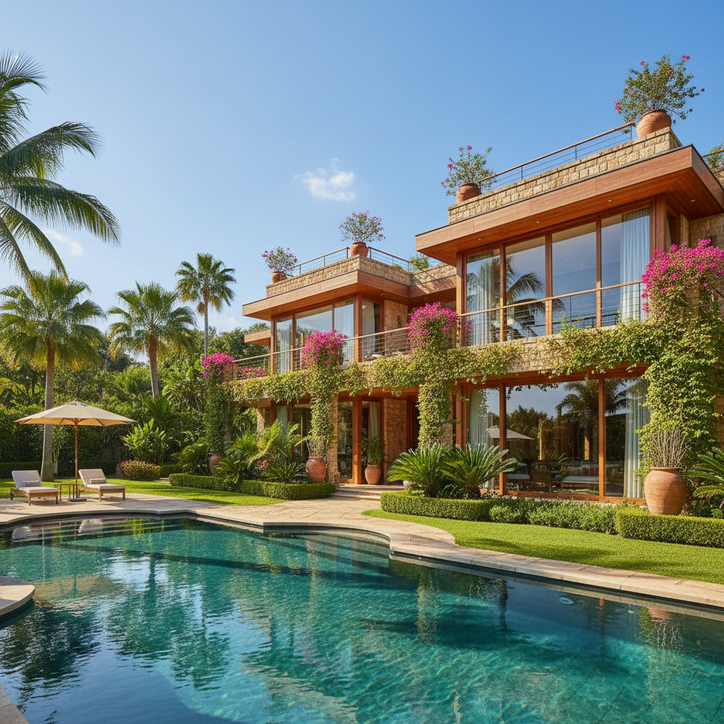 Elegant villa with lush tropical garden and pool, Torremolinos, bright midday light, palm trees