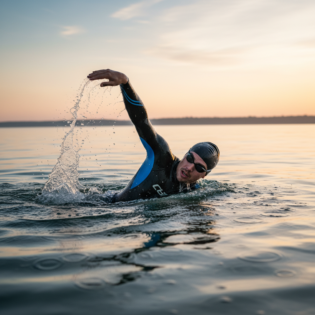 Open water swimmer in wetsuit with arm raised mid-stroke, early morning light on water