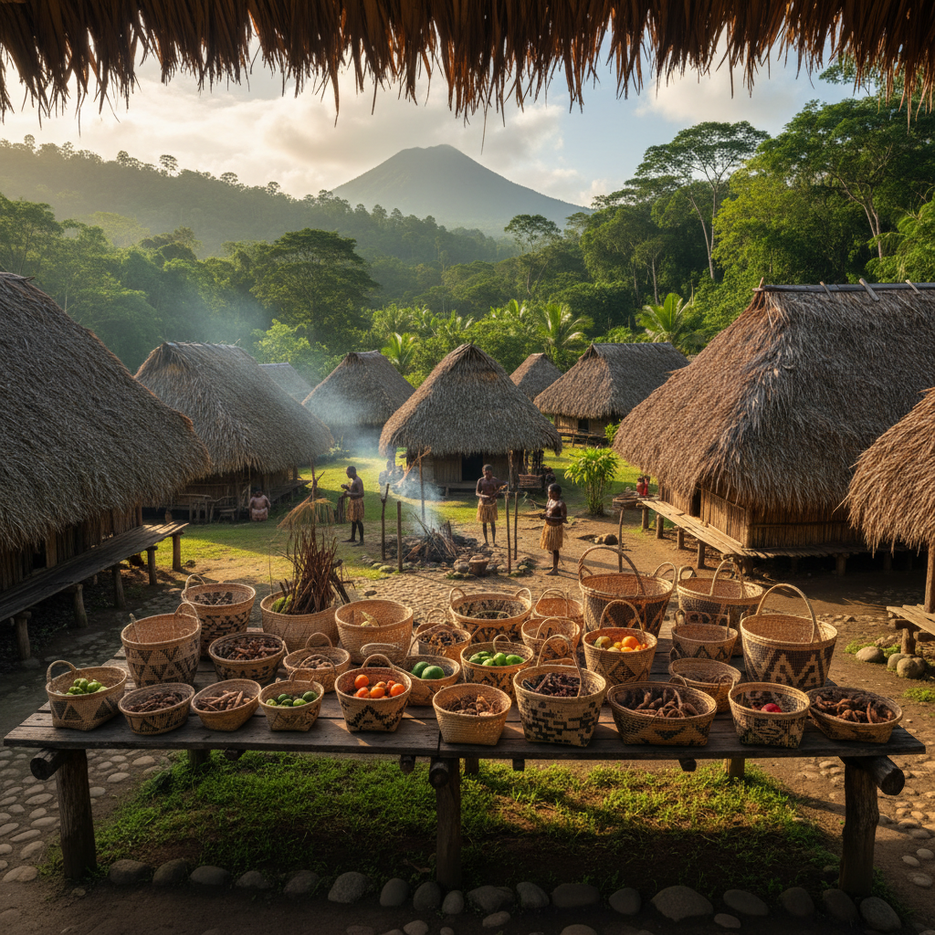 Traditional Kalinago indigenous village with thatched structures and handcrafted baskets on display