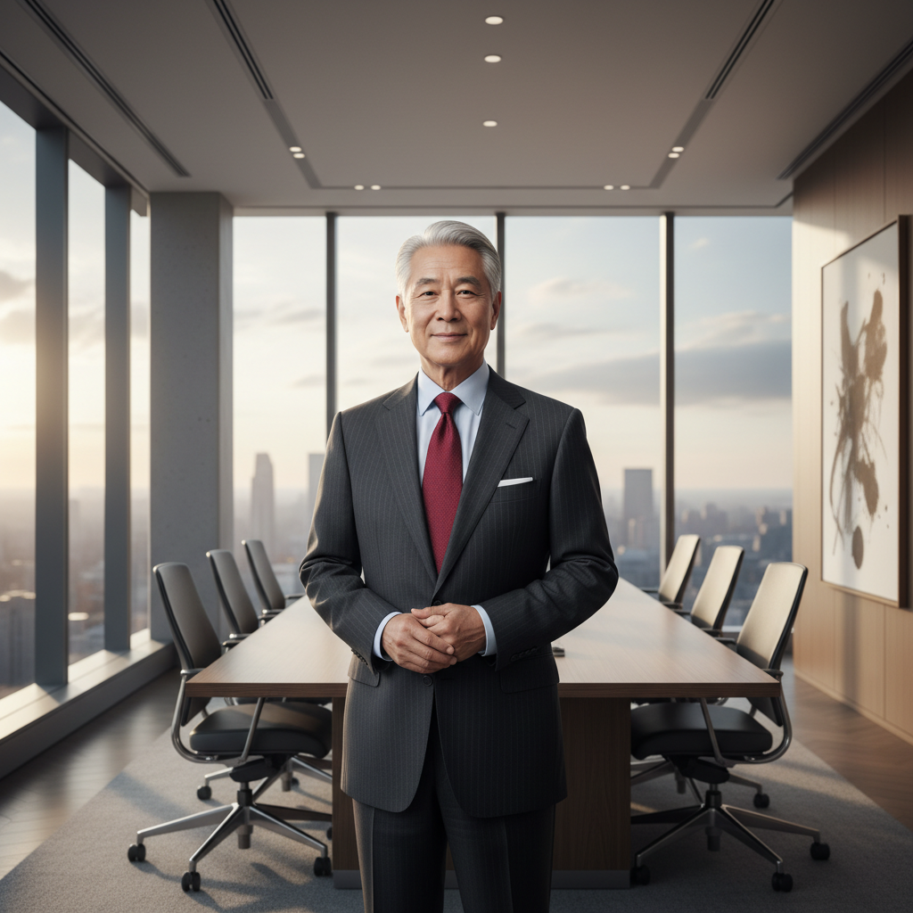 Mature Chinese male executive in dark suit with professional demeanor