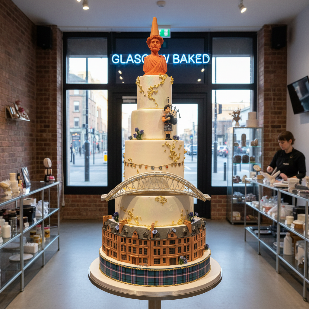 Intricately decorated custom theme cake with fondant figurines and detailed sculpted decorations, studio lighting