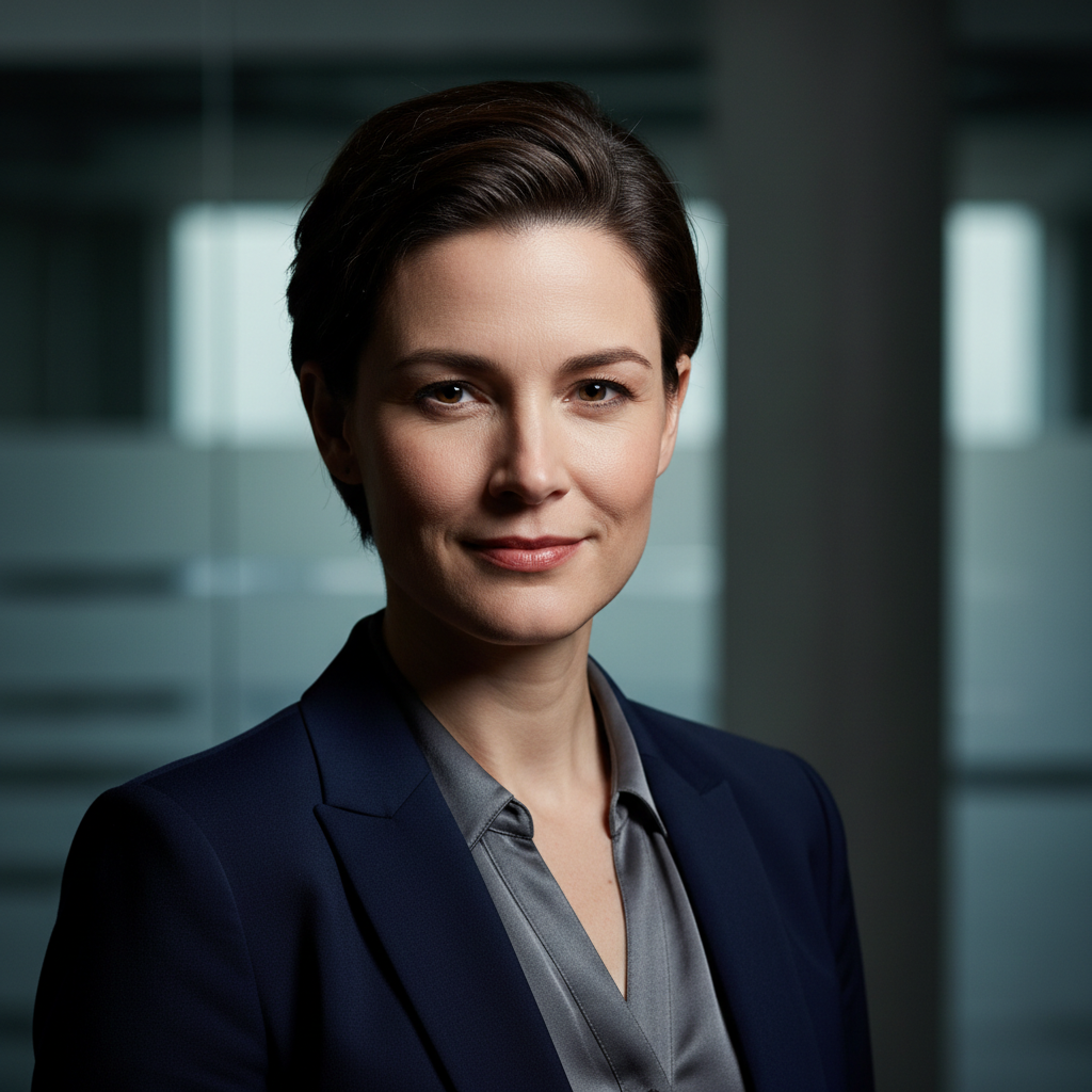 Professional woman with short dark hair, smiling warmly in natural light