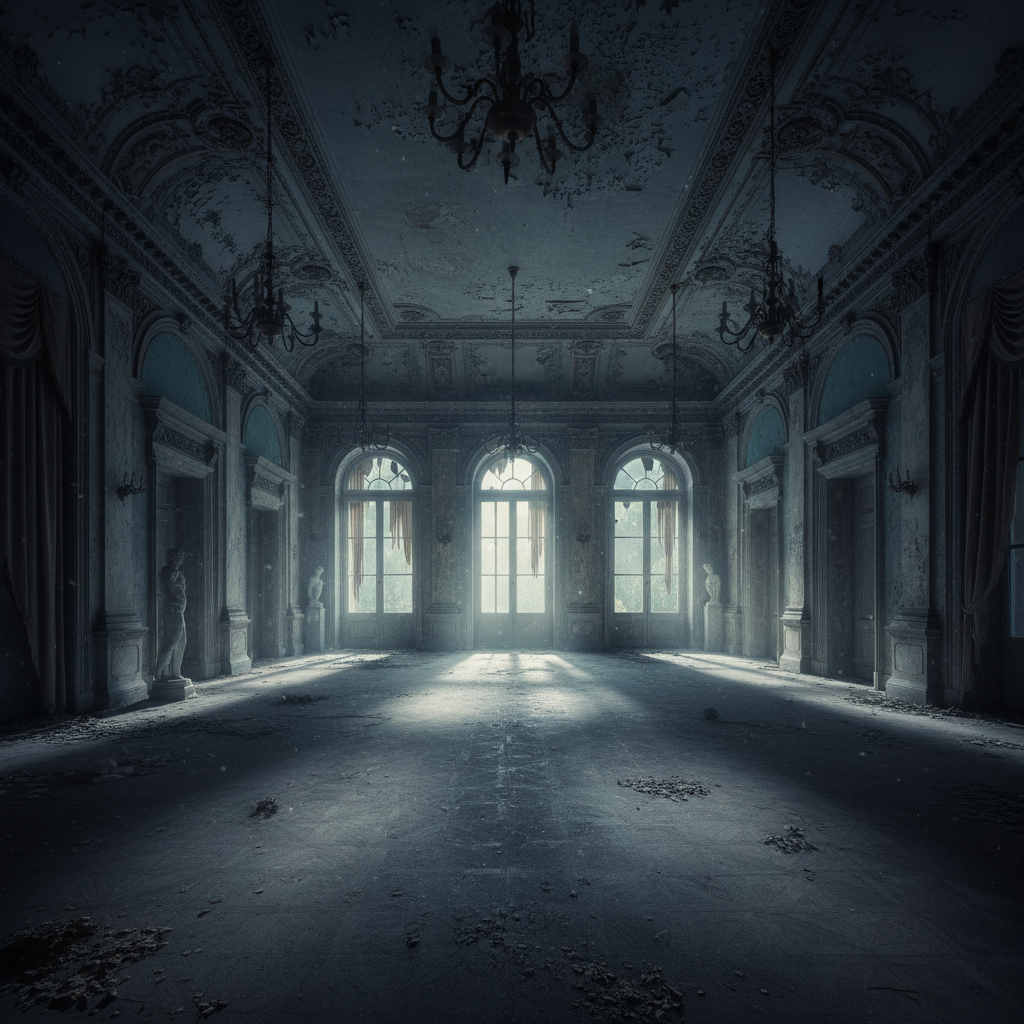 Video thumbnail: A grand ballroom in an abandoned 19th century mansion, moonlight streaming throu