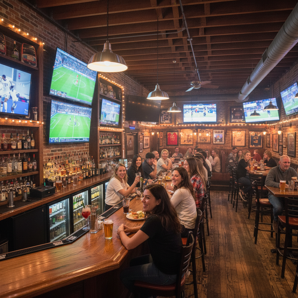 Friendly sports bar with TV screens, bar stools and casual cozy atmosphere