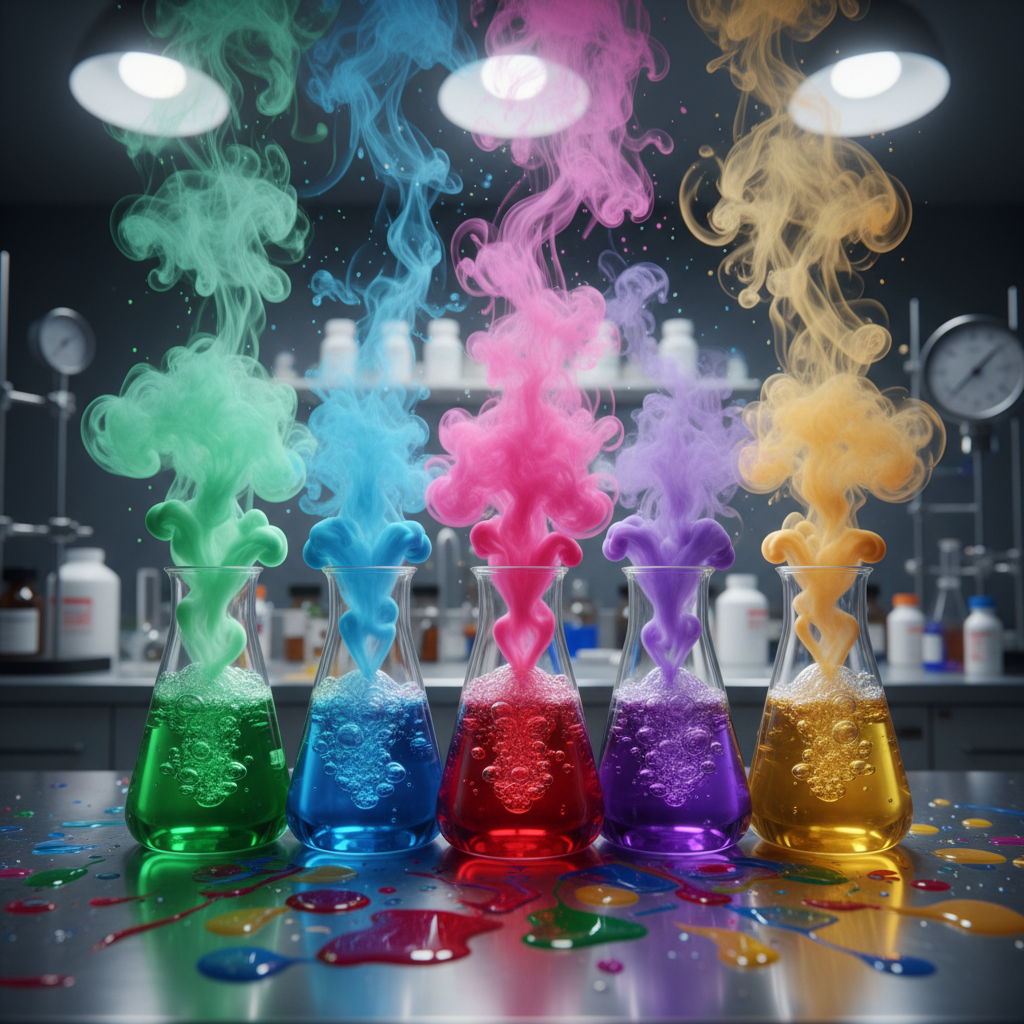 Chemistry laboratory with colorful chemical reactions in beakers and flasks