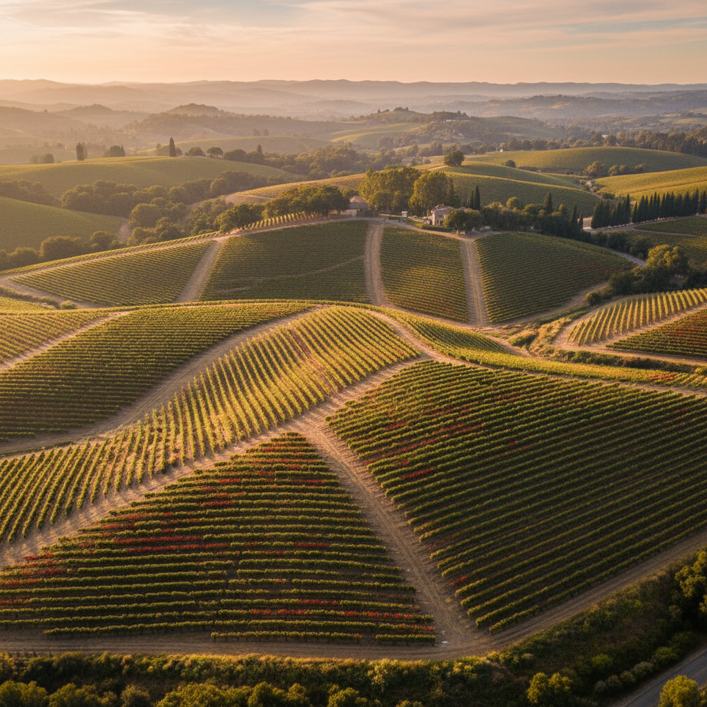 Aerial view of Terroir estate vineyard rows at dawn with morning mist over Napa Valley hills