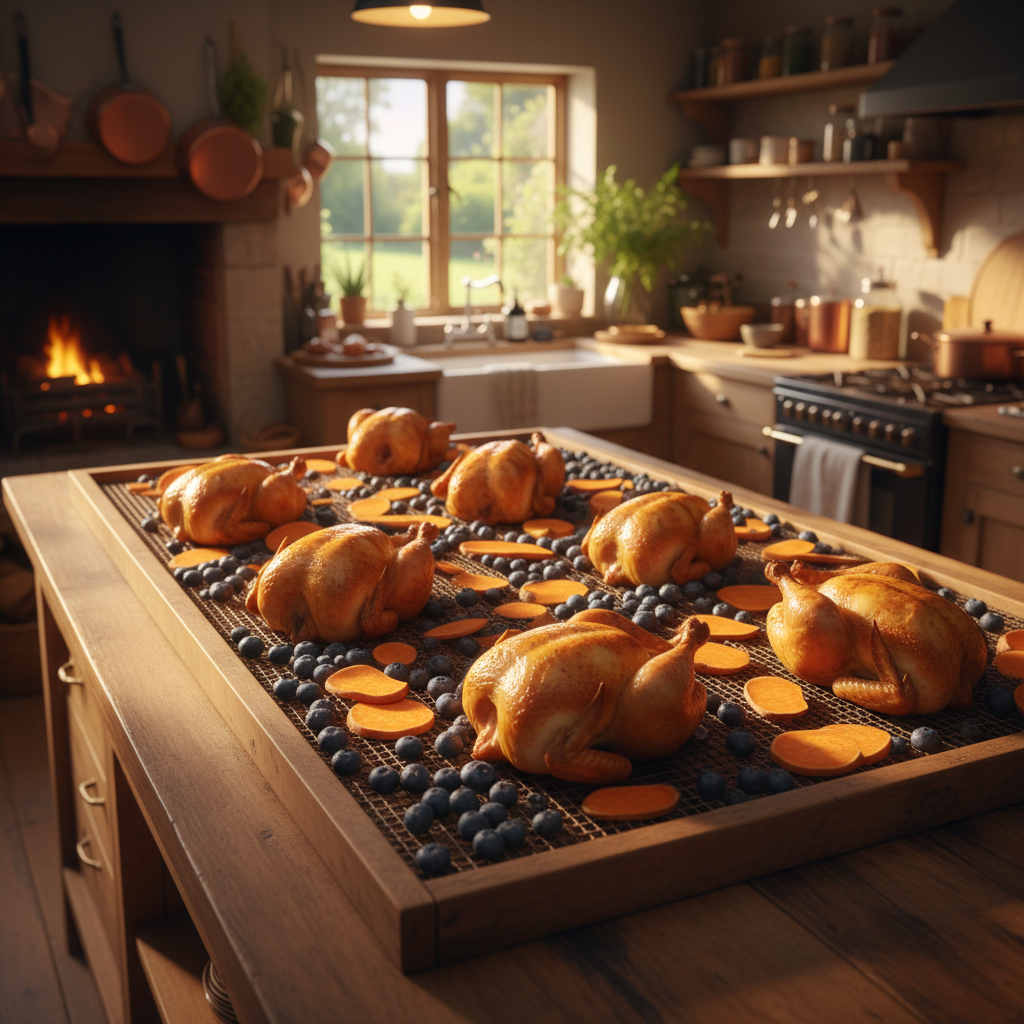 Golden-hour kitchen with dehydrated dog food ingredients — whole chickens, blueberries, and sweet potatoes spread on a wooden rack