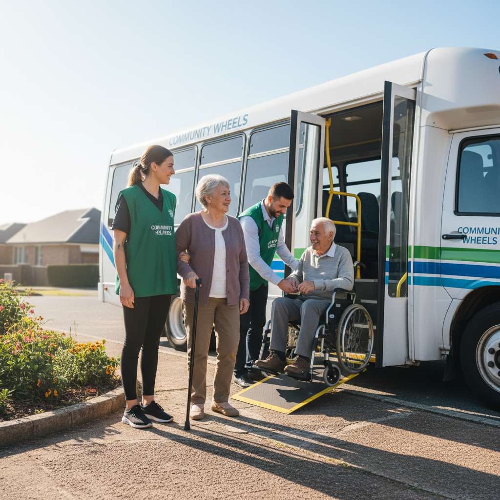 Caregiver assisting patient in wheelchair into accessible medical transport vehicle, warm daylight, professional and caring interaction