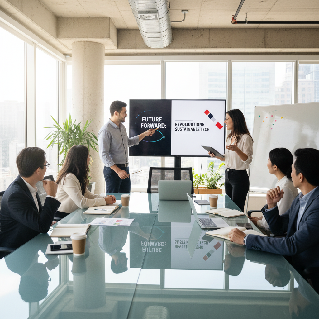 Startup pitch presentation on screen showing clean product design with investors watching in conference room