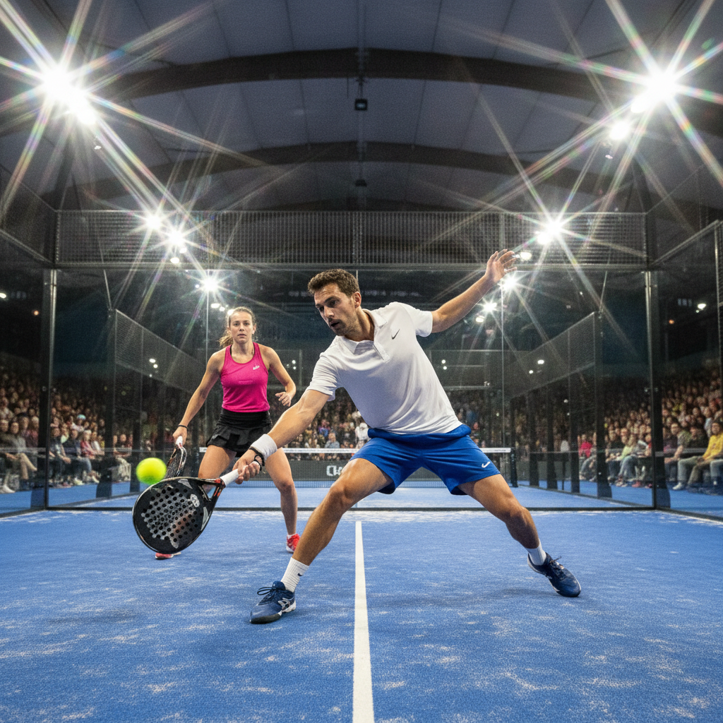 Two padel players mid-point on a glass-walled court, one lunging for a bandeja, overhead LEDs flaring into the lens, crowd blurred behind the glass
