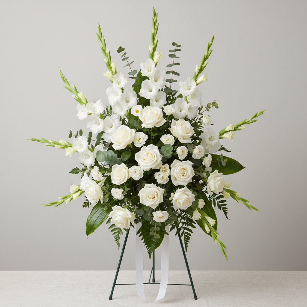 Elegant white standing funeral spray with gladiolus and roses