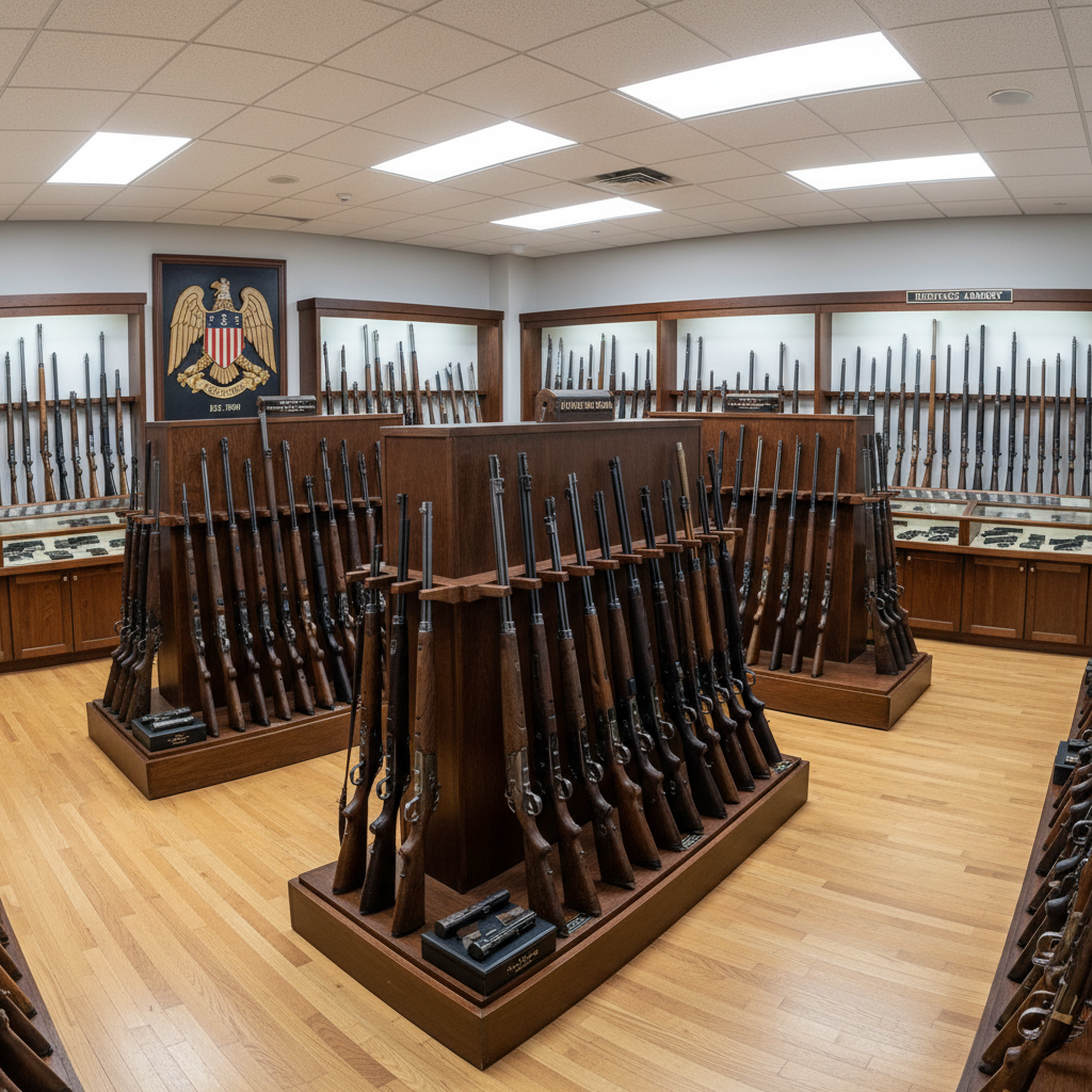 Rifle displayed on wooden surface in a well-lit firearms shop