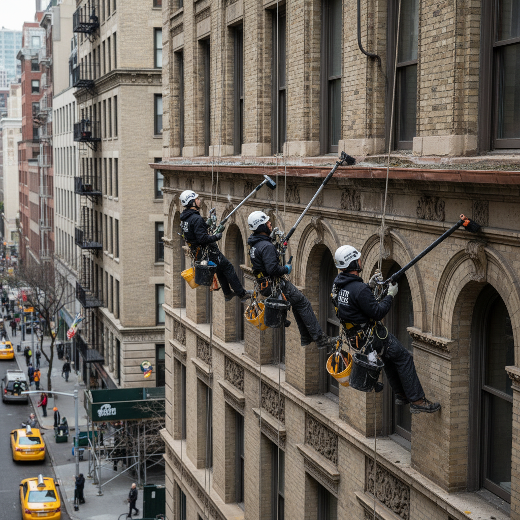 Three-person crew in branded hardhats cleaning gutters on a six-story pre-war Manhattan building facade