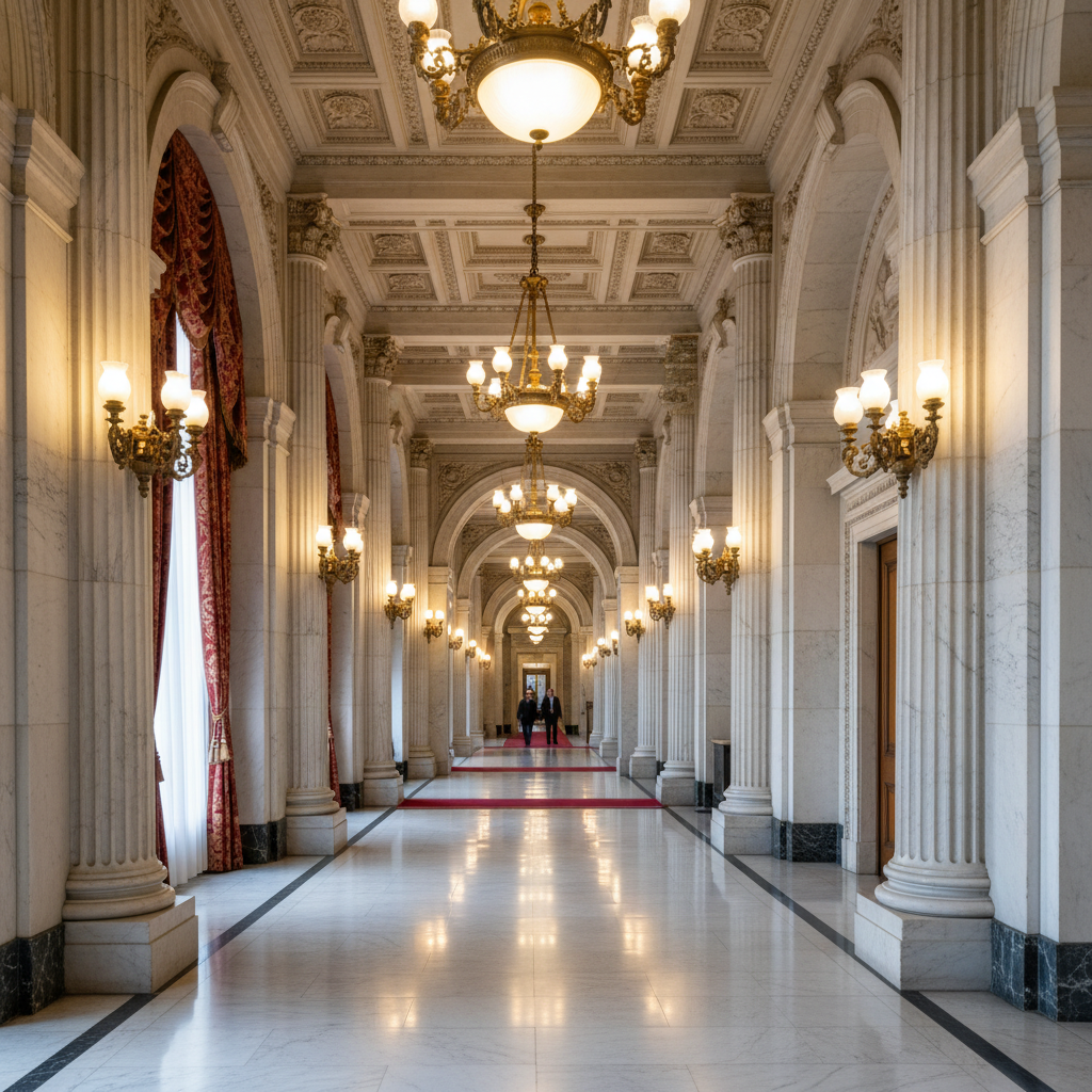 Grand entrance hallway with sweeping staircase and marble flooring
