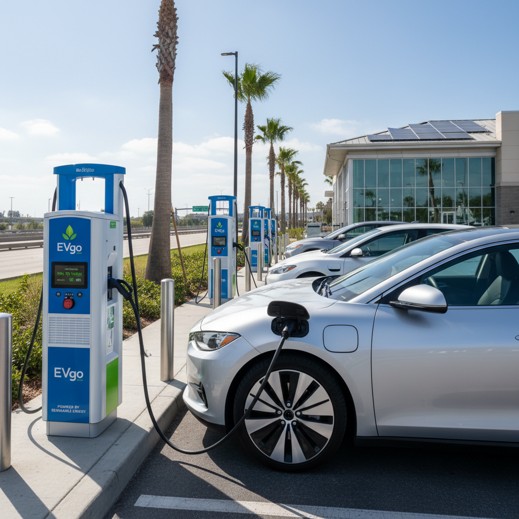 Electric vehicle charging at a public charging station in the United States showing EV infrastructure growth