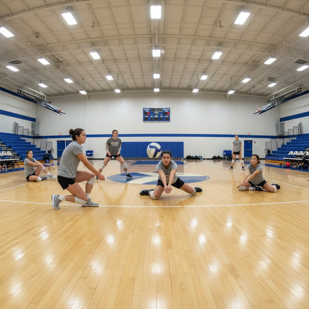 Group of volleyball players practicing defensive drills during a weekend clinic on indoor hardwood court