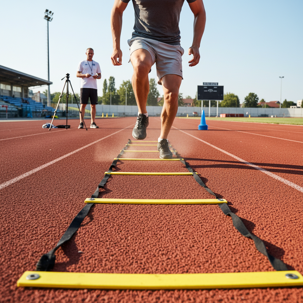 Athlete performing agility ladder drill on track, coach timing with stopwatch