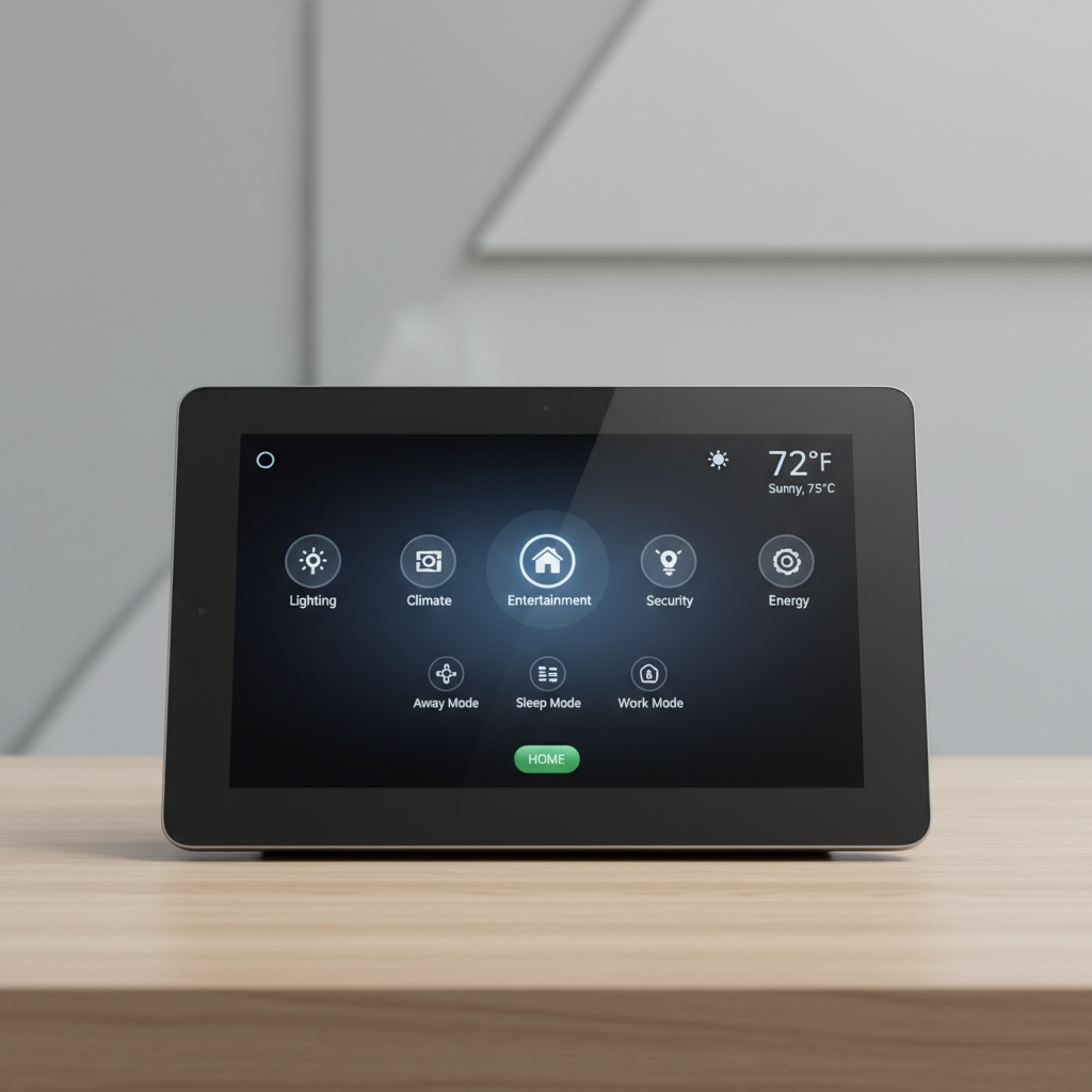 Modern smart home control panel mounted on white wall in bright minimalist interior