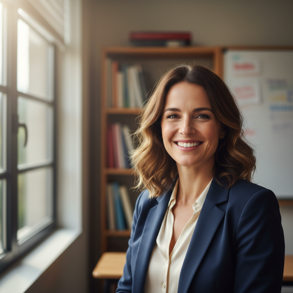 Woman with dark hair in professional attire, neutral background, academic setting