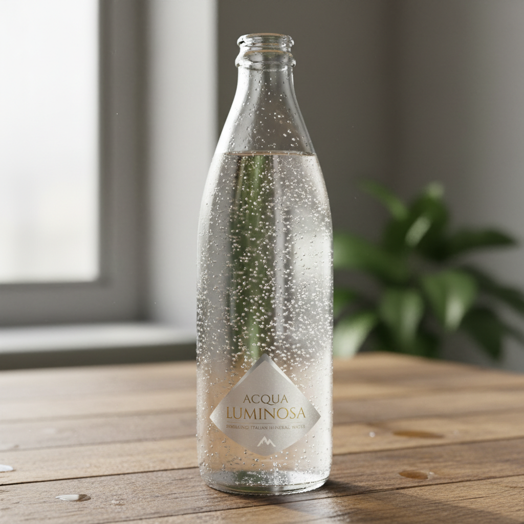 Bottiglia di acqua minerale fresca su tavolo di legno