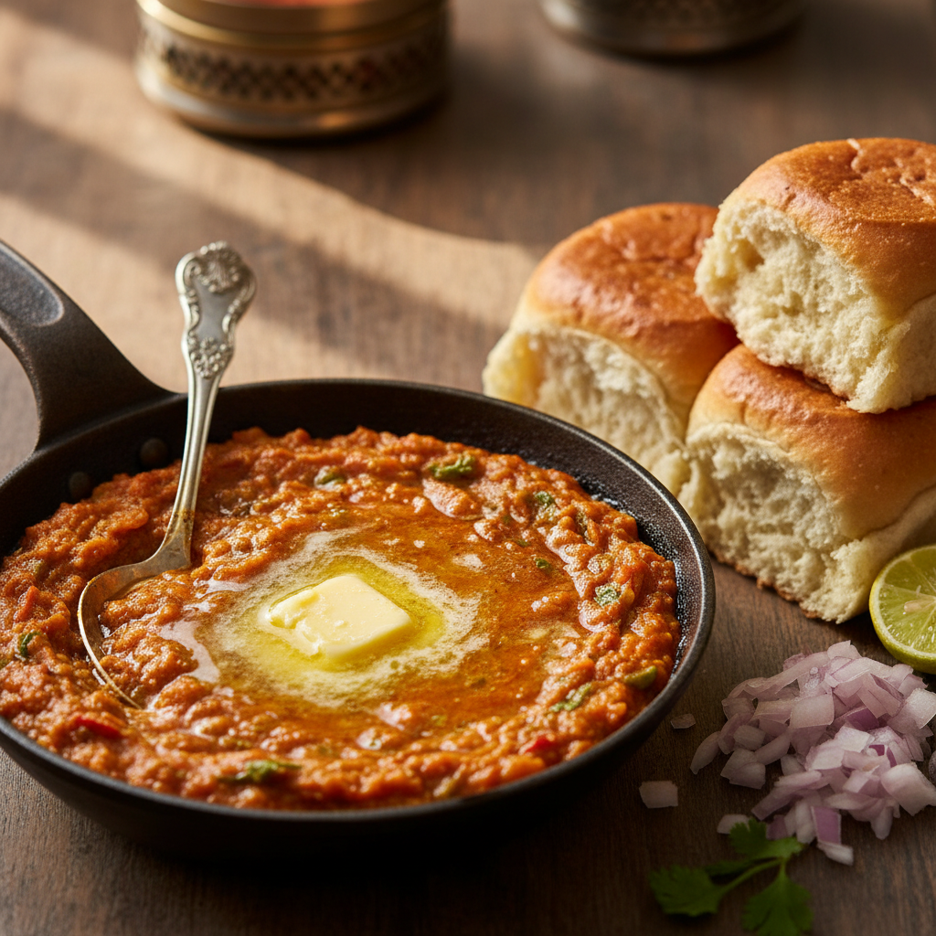 Spicy pav bhaji with butter melting on top served with soft bread rolls and raw onion on a dark stone plate