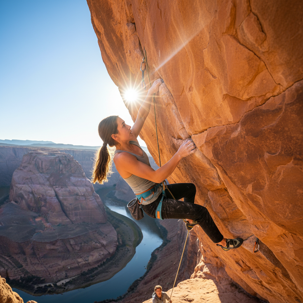 Teen athlete focused and determined while climbing a challenging overhanging route