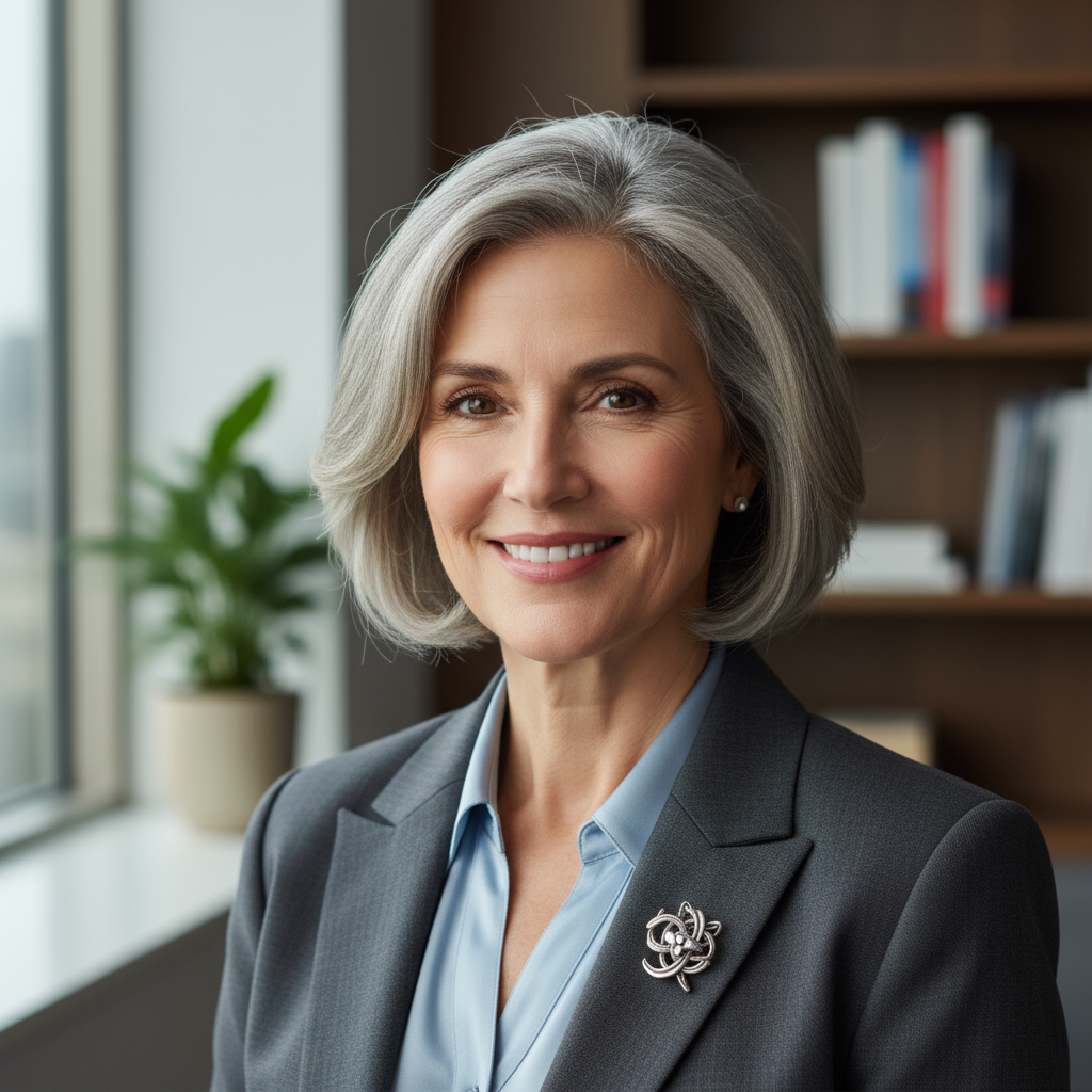 Professional headshot of female healthcare operations director in professional attire in modern office