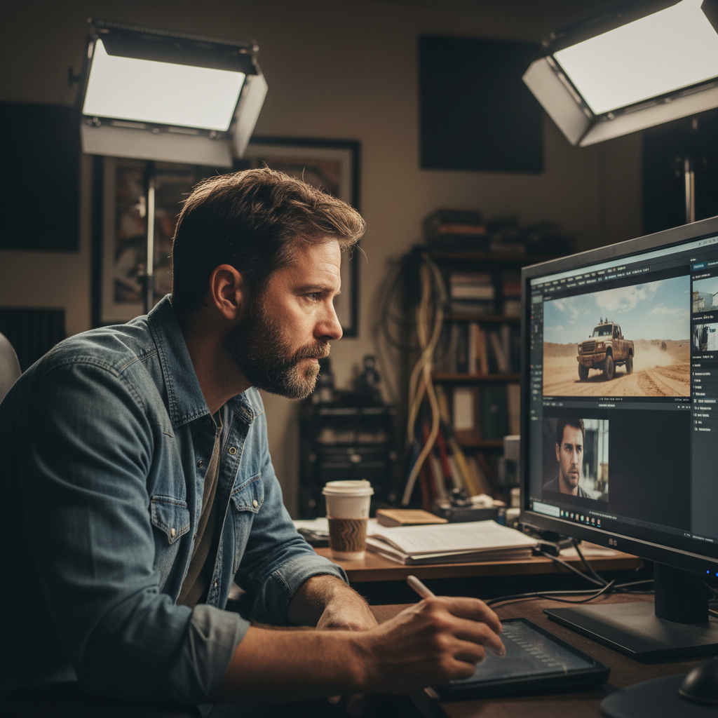 Film director reviewing raw footage on monitor during nonprofit documentary production