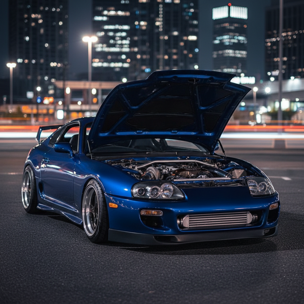 Tyler Nguyen's 1994 Toyota Supra MK4 with 850WHP 2JZ-GTE single turbo build at night