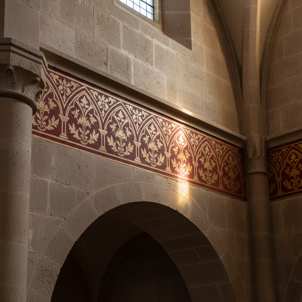 Repeating ornamental stencil border pattern in deep red and gold on church nave wall near ceiling