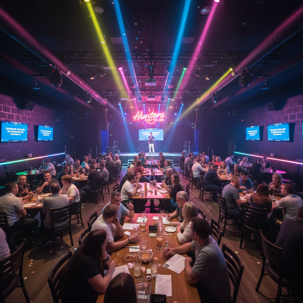 Fun trivia night at Hunters Nightclub with teams competing at tables with colorful lighting