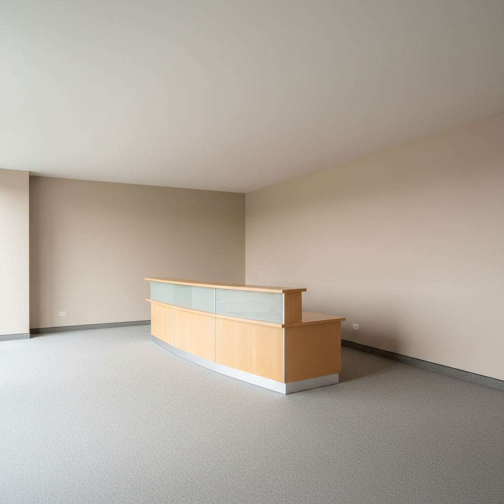 Empty office lobby with no signage, beige walls and a reception desk