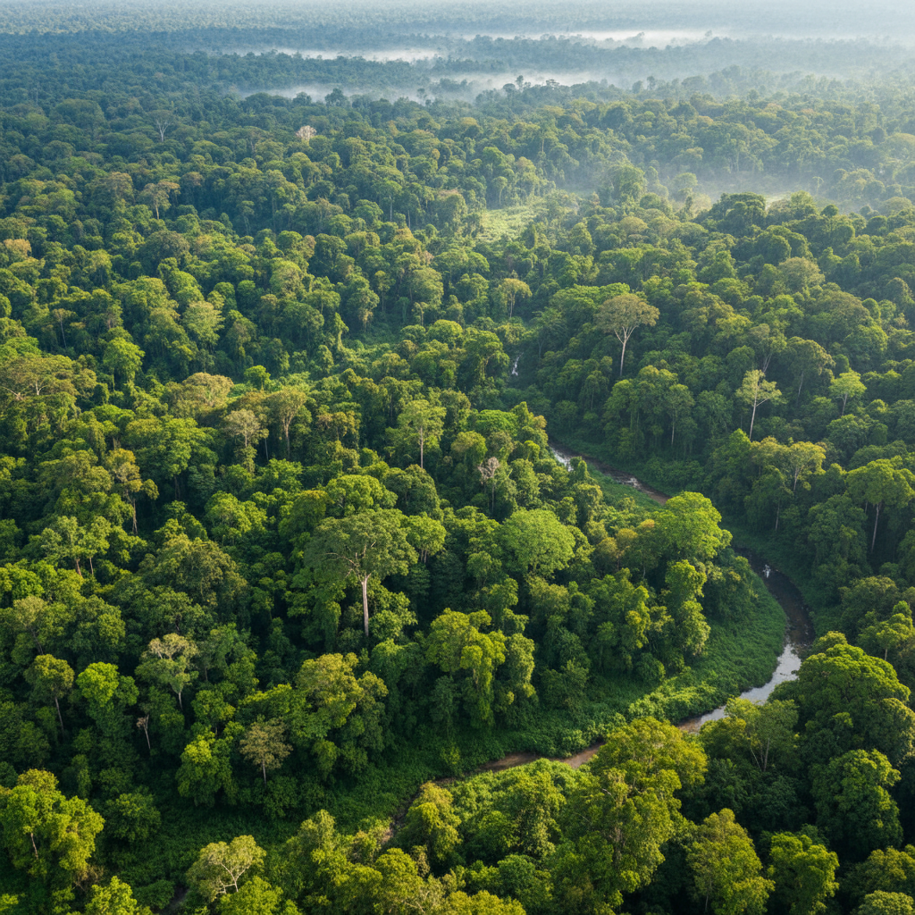 Aerial view of dense tropical rainforest with mist and green canopy