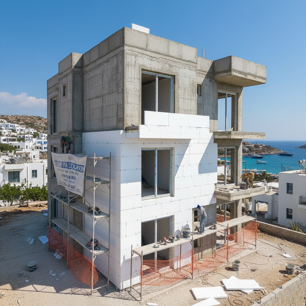 Prefabricated building panels being installed at construction site, bright work lights, workers in safety gear