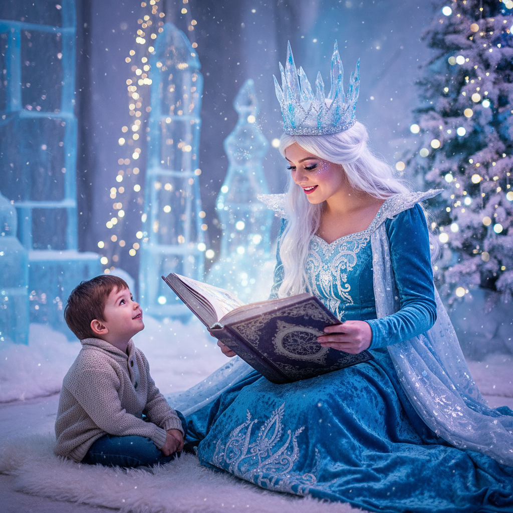 Ice queen character in blue gown with a child during interactive story time
