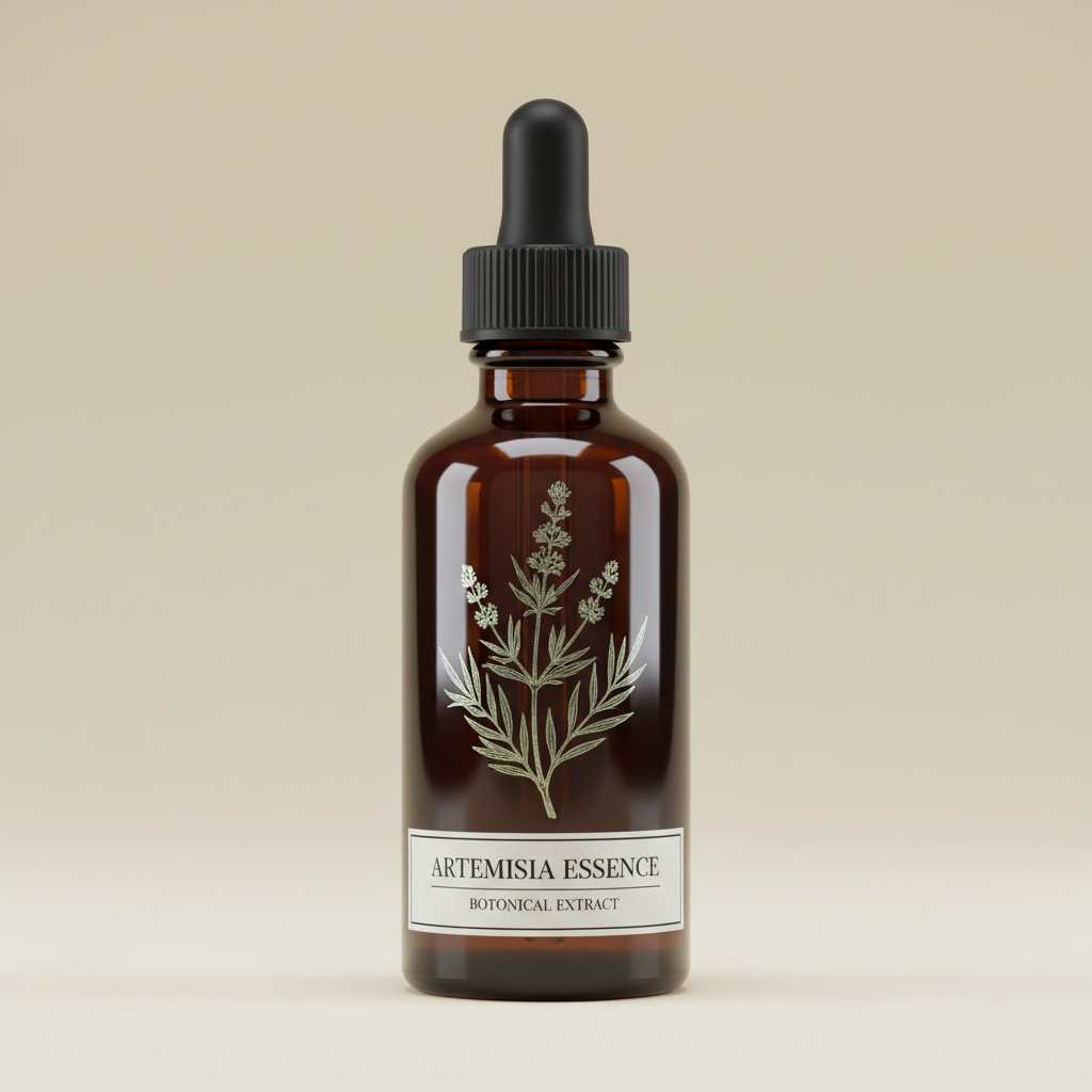 Dark glass essence bottle with botanical mugwort illustration on soft cream background